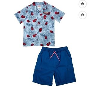 Spider-Man Resort Button Down Shirt & Twill Shorts NEW Sz 8 Blue Red Outfit Boys